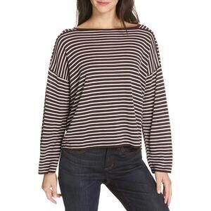 Eileen Fisher Bateau-Neck Brown White Stripe Sweater Sz M
